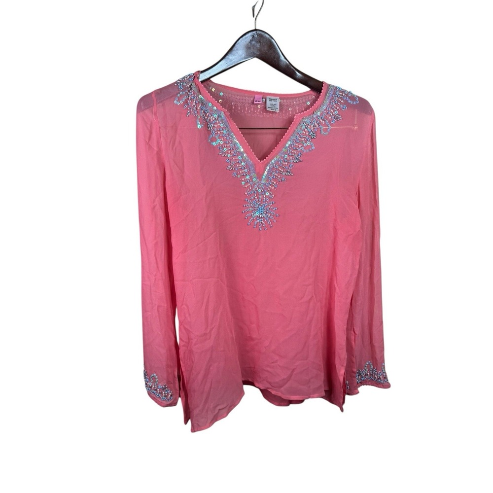 ITSU Silk Chiffon Tunic Top Women 6 Pink Beaded Long Sleeves V Neck Sheer‎
